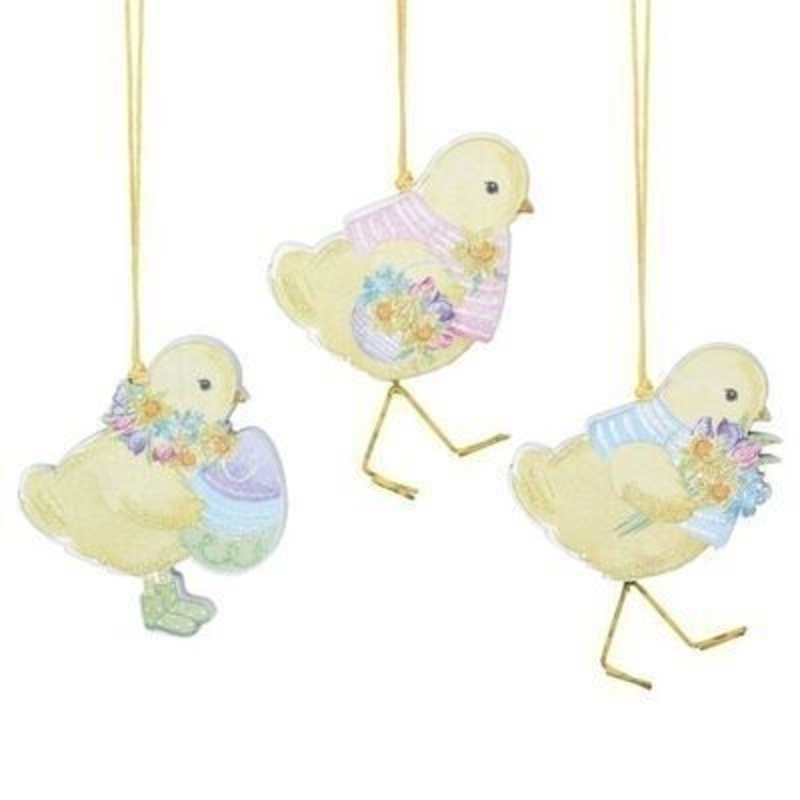 Wooden cut out hanging decoration in the shape of a yellow chick with floral and egg detail. The perfect addition to your home for Easter and Spring. 3 designs. By Gislea Graham.